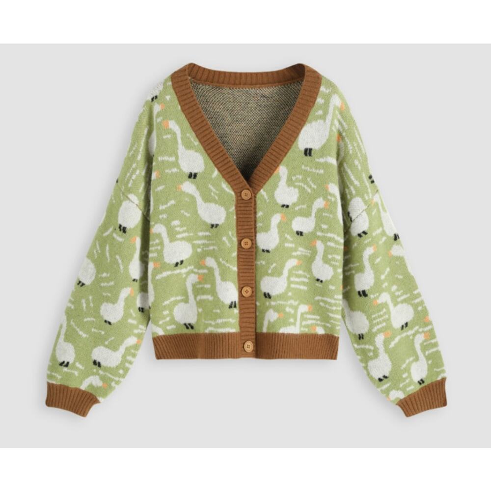 Cider Duck Pattern Contrasting V-Neck Button Down… - image 1